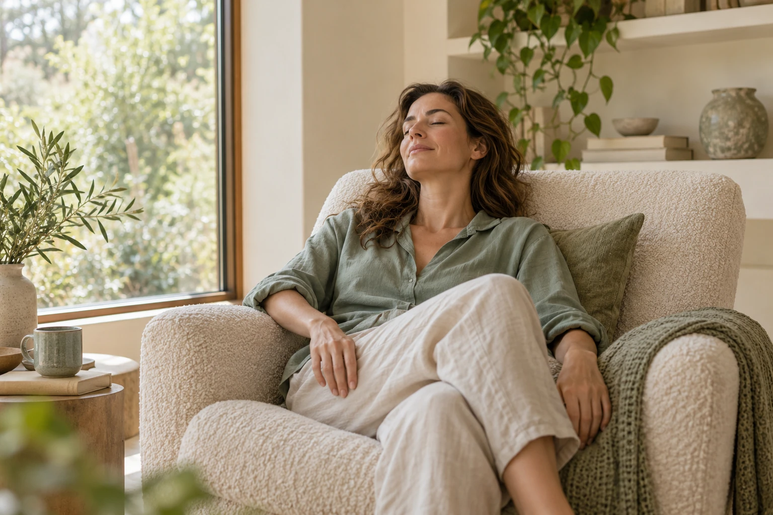 Femme assise détendue dans un fauteuil près d'une fenêtre, yeux fermés, respiration calme, plante et tasse à côté