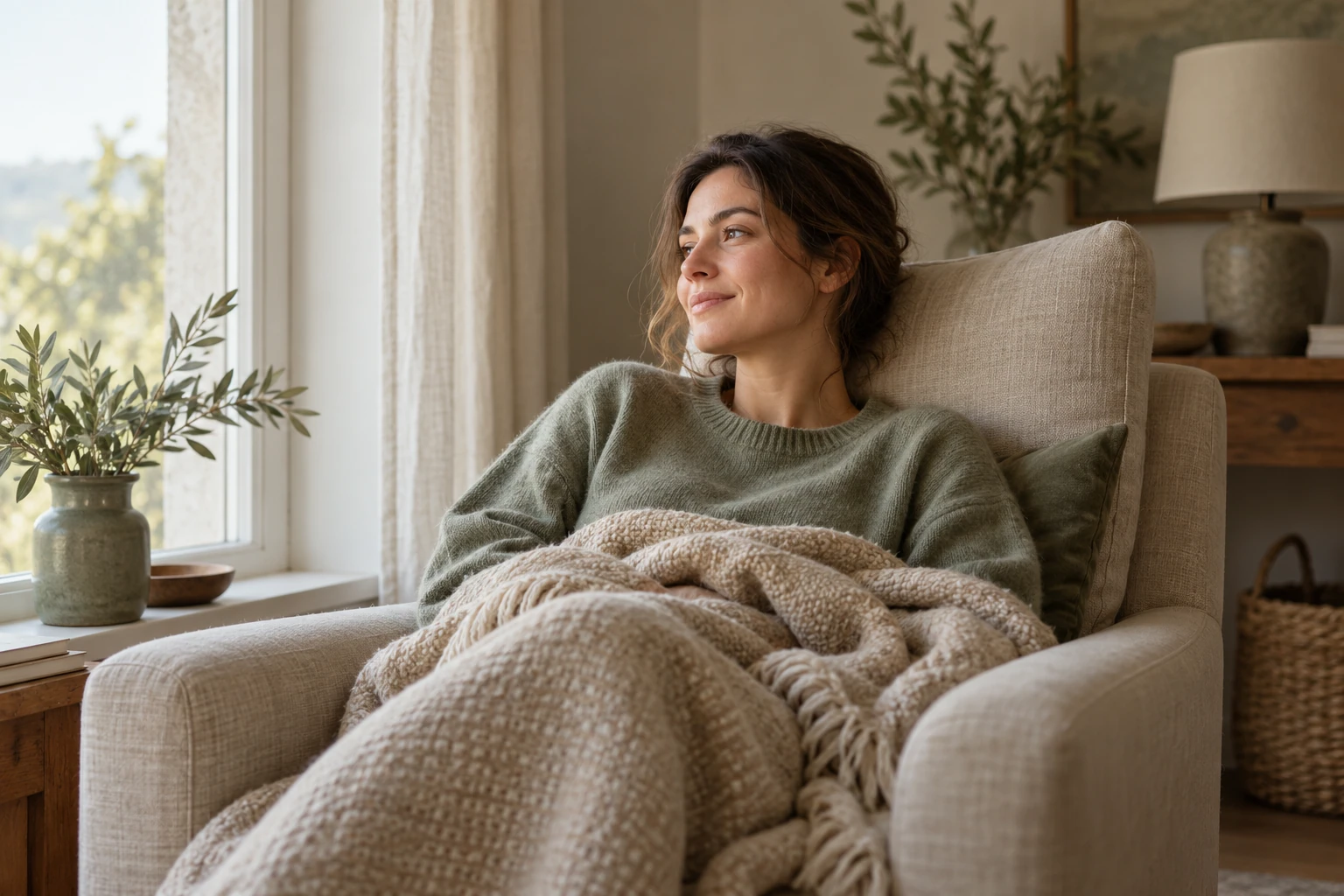 Femme détendue dans un fauteuil, enveloppée d'un plaid, regardant par la fenêtre