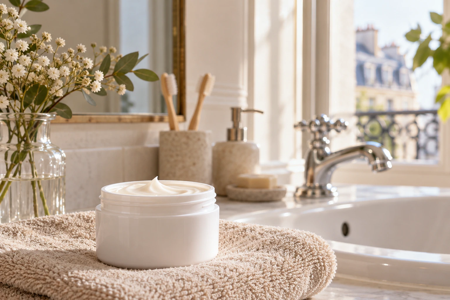 Pot de crème hydratante ouvert sur serviette beige près d’un lavabo ensoleillé