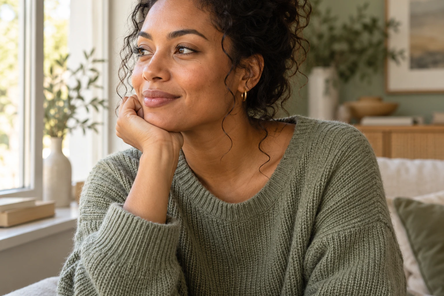 Femme assise près d'une fenêtre, regard pensif, pull vert, lumière douce naturelle