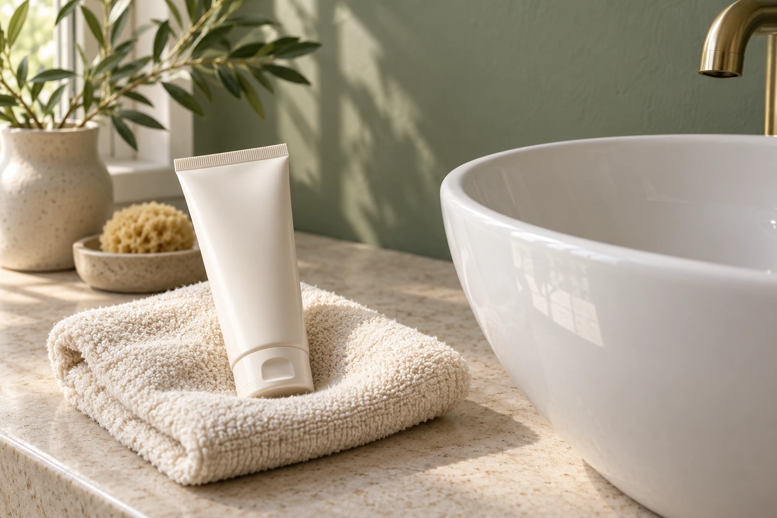 Tube de crème posé sur serviette près d'un lavabo en lumière naturelle